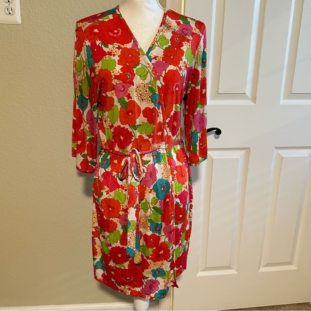 JOSIE NATORI Red Floral Short Sleeve Knee Length Lounge Sleepwear Wrap Robe * M